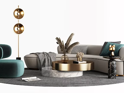 Gray Sofa And Gold Marble Coffee Table Set With Blue Chair Floor Lamp And Plants 3d model