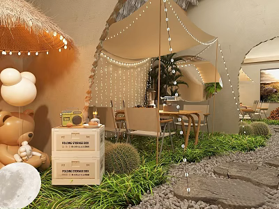 Outdoor Restaurant With Thatched Umbrella Canopy Tent String Lights Teddy Bear Cactus And Stone Path 3d model