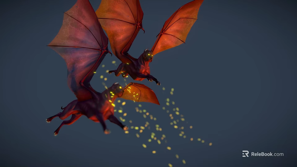 Game Movie Character Red Dragon With Large Wings Flying And Yellow Light Spots 3d model 