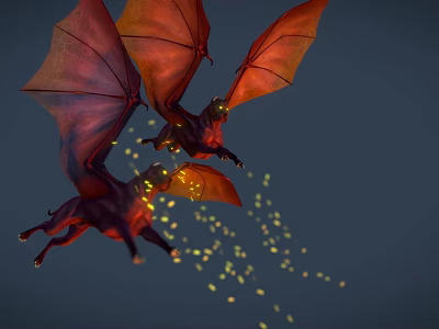 Game Movie Character Red Dragon With Large Wings Flying And Yellow Light Spots 3d model