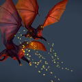 Game Movie Character Red Dragon With Large Wings Flying And Yellow Light Spots