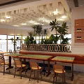 Modern Restaurant Interior With Green Plants Wooden Tables And Warm Lighting