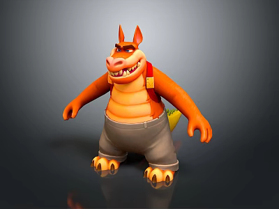 Cartoon Reptile Character 3D Model With Orange Skin Horns Suspenders And Yellow Object Standing Pose 3d model