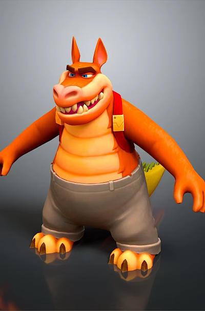 Cartoon Reptile Character 3D Model With Orange Skin Horns Suspenders And Yellow Object Standing Pose 3d model