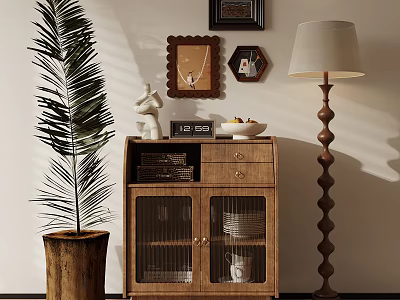 Wooden Entryway Cabinet Sideboard With Palm Plant Framed Pictures Clock Fruit Bowl And Floor Lamp 3d model