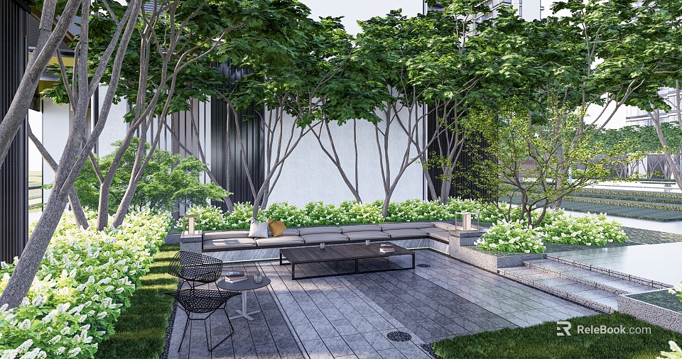 Residential Landscape Design With Lush Trees Greenery Paved Patio And Outdoor Seating 3d model 