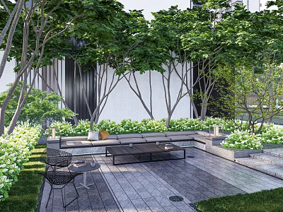 Residential Landscape Design With Lush Trees Greenery Paved Patio And Outdoor Seating 3d model
