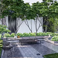 Residential Landscape Design With Lush Trees Greenery Paved Patio And Outdoor Seating