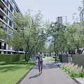 Serene Garden Landscape with Trees Lawn Wooden Deck and Outdoor Seating near High Rise Apartments