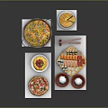Assorted Foods Including Pizza Sushi And Paella On White Cube Display Stands With Chopsticks