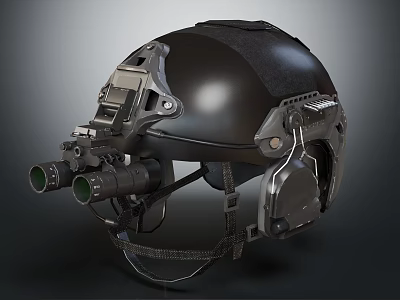 Black Military Tactical Helmet With Mounted Night Vision Goggles And Adjustable Straps 3d model