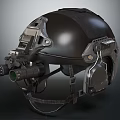 Black Military Tactical Helmet With Mounted Night Vision Goggles And Adjustable Straps