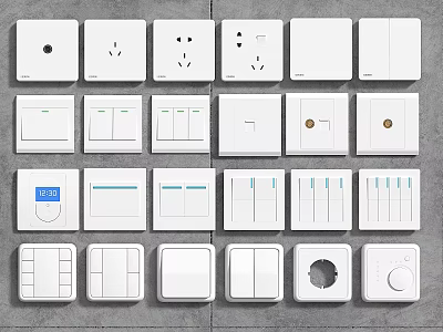 Diverse White Switch Panels With Different Button Sizes Sockets And Digital Display Features 3d model