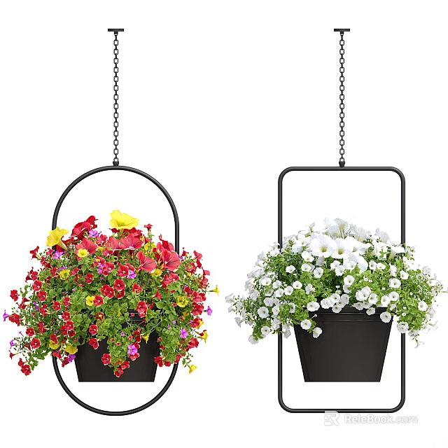 Black Metal Hanging Flower Pots With Colorful And White Blooming Flowers 3d model 