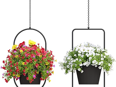 Black Metal Hanging Flower Pots With Colorful And White Blooming Flowers 3d model