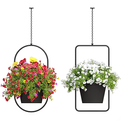 Black Metal Hanging Flower Pots With Colorful And White Blooming Flowers 3d model