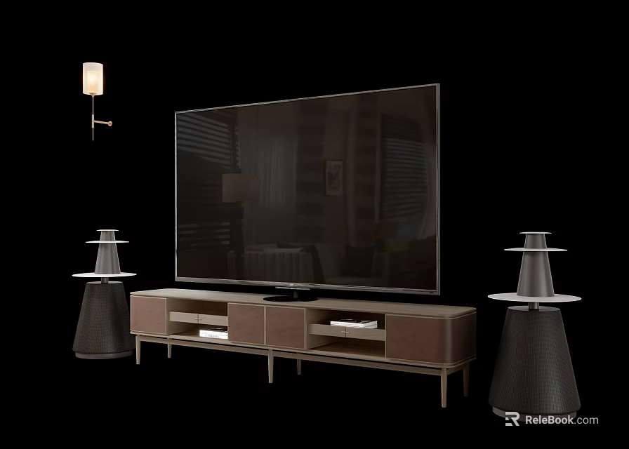 Modern TV Stand With Large Screen TV Floor Lamps And Wall Lamp Storage Design 3d model 