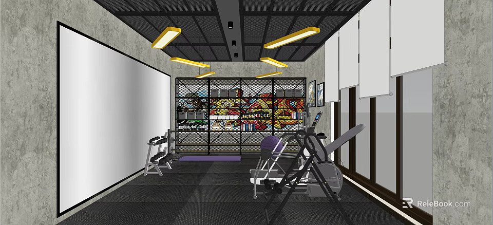 Modern Fitness Gym Interior With Graffiti Wall Yellow Lights And Workout Equipment 3d model 