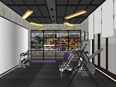 Modern Fitness Gym Interior With Graffiti Wall Yellow Lights And Workout Equipment 3d model