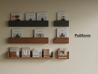 Poliform Modern Wall Mounted Wooden Bookshelf With Decorative Books And Storage Shelves 3d model