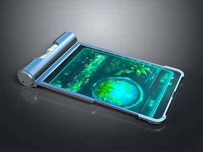Futuristic Foldable Electronic Device With Rollable Screen Displaying Green Plant And Earth 3d model