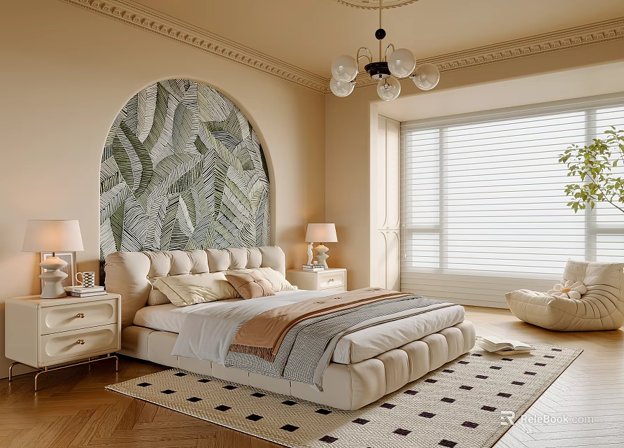 Elegant Bedroom Interior With Arched Leaf Pattern Mural Large Bed Chandelier And Window Blinds 3d model 