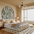 Elegant Bedroom Interior With Arched Leaf Pattern Mural Large Bed Chandelier And Window Blinds