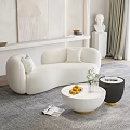 Modern White Curved Sofa Coffee Table Set With Plush Armchair Fruits And Plants