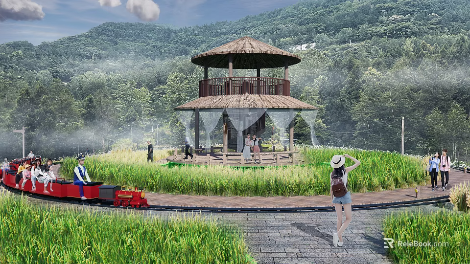 Scenic Garden Landscape With Thatched Pavilion Rice Field Mini Train And Distant Mountains 3d model 