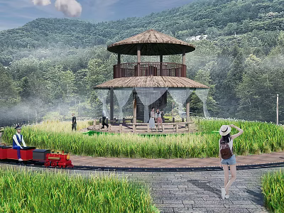Scenic Garden Landscape With Thatched Pavilion Rice Field Mini Train And Distant Mountains 3d model