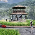 Scenic Garden Landscape With Thatched Pavilion Rice Field Mini Train And Distant Mountains