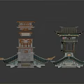 Traditional Chinese Architectural Models With Tower Pavilion And Curved Roof Bridges