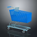Blue Shopping Cart With Mesh Basket And White Wheels On Dark Background