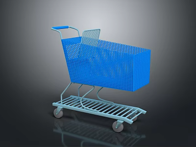 Blue Shopping Cart With Mesh Basket And White Wheels On Dark Background 3d model