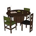 Round Wooden Table with Four Chairs Green Black Seats Round Back Holes Book Fruit Bowl