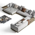 Modern Light Gray L shaped Sectional Sofa With Decorative Throw Pillows And Marble Coffee Table 3d model