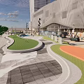 Modern Urban Building Exterior With Glass Facade Pedestrians And Green Car In Plaza