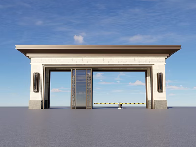 Elegant Main Gate With Glass Doors Stone Pillars Roof And Blue Sky Background 3d model