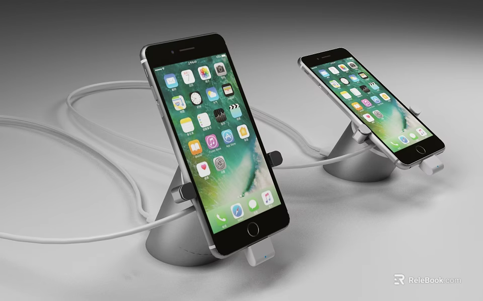 Two Smartphones Charging on Stands with Cables and App Icons Displayed 3d model 