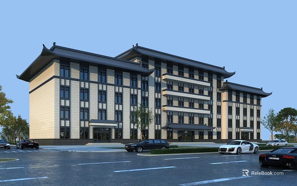 Chinese Style Office Building With Traditional Roof And Stone Exterior Near Parking Area And Trees 3d model 