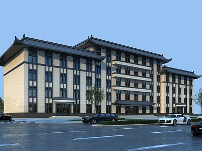 Chinese Style Office Building With Traditional Roof And Stone Exterior Near Parking Area And Trees 3d model