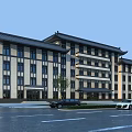 Chinese Style Office Building With Traditional Roof And Stone Exterior Near Parking Area And Trees