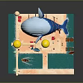 Whimsical Cartoon Scene With Yellow Domed Towers Blue Whale Building And Small Boats On Water
