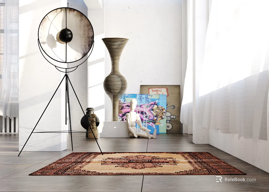 Modern Floor Lamp With Metal Stand Circular Shade And Room Decor Rug Artwork 3d model 