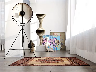 Modern Floor Lamp With Metal Stand Circular Shade And Room Decor Rug Artwork 3d model