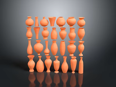 Artistic Orange Vase Sculptures Featuring Various Shapes In Creative Display Arrangement 3d model