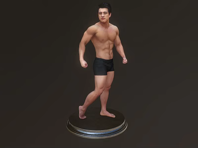 Shirtless Muscular Man In Black Shorts Standing On Dark Platform Background 3d model