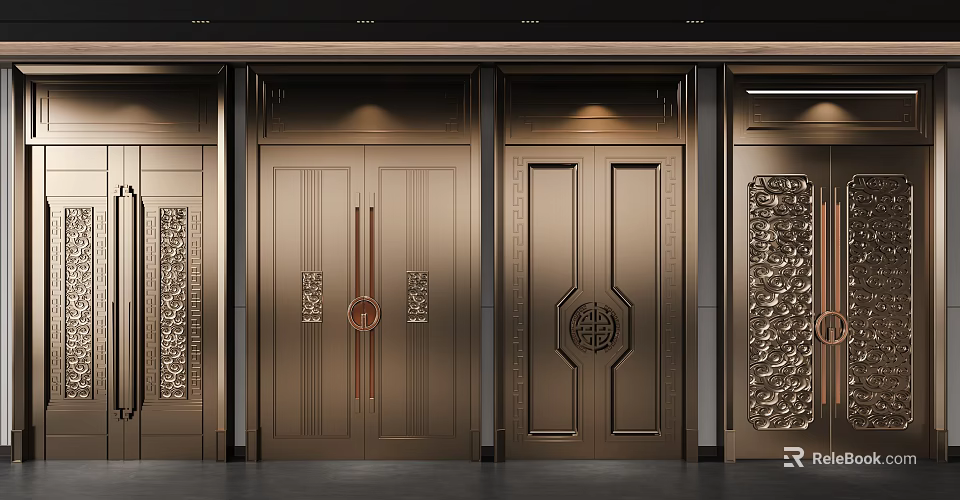 Elegant Brass Entrance Doors Design With Double Door Structure And Carved Circular Motifs 3d model 