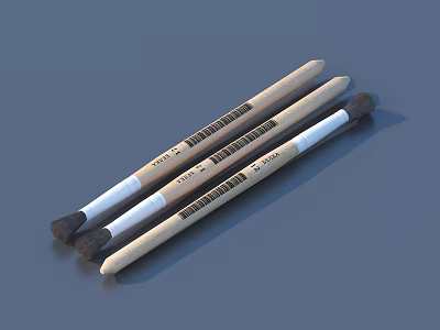 Three Wooden Barrel Pens With Black Tips And Labels On Gray Surface 3d model