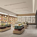 Modern Retail Interior Space With Wooden Ceiling Hanging Globe Lights Shelves Display Counters And Chairs